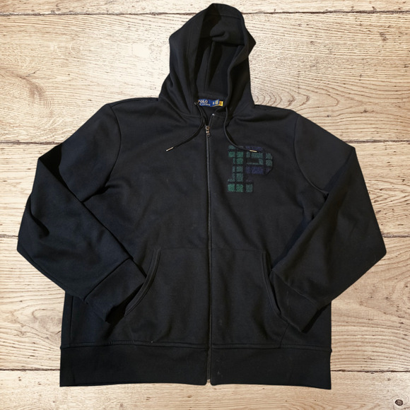 POLO RALPH LAUREN CHENILLE BLACKWATCH P PLAID BLACK FULL ZIP HOODIE, SIZE XL - Picture 1 of 6